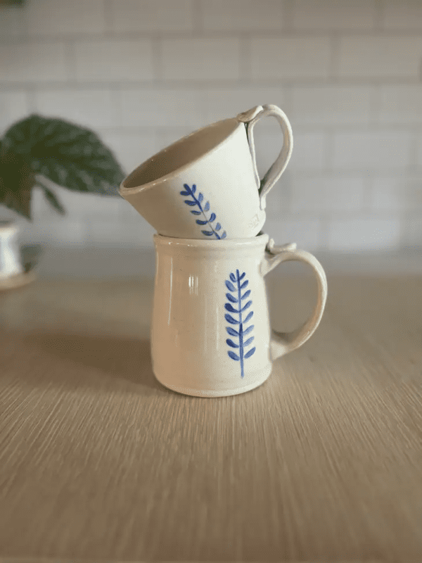Simple Mug Handmade Pottery Blue Leaf